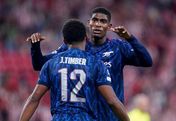 Cristhian Mosquera of Arsenal (right) celebrates with Jurrien Timber after their side s victory over Athletic Bilbao Athletic Bilbao v Arsenal, UEFA Champions League, Group Stage, Football, Estadio de San Mames, Bilbao, Spain - 16 Sep 2025Bilbao Estadio de San Mames Spain EDITORIAL USE ONLY No use with unauthorised audio, video, data, fixture lists, club league logos or live services. Online in-match use limited to 120 images, no video emulation. No use in betting, games or single club league player publications. Copyright: xSergioxRuiz Shutterstockx 15481341dr