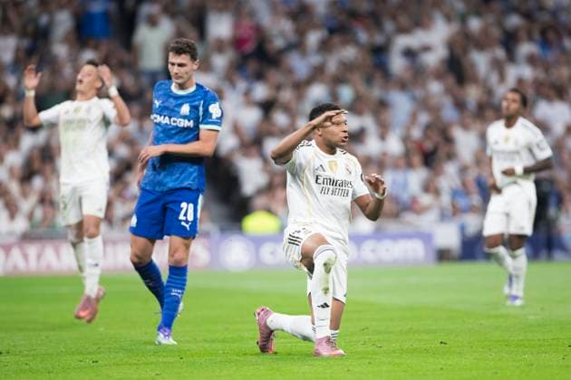 UEFA champions league - Real Madrid vs Marseille MADRID, SPAIN - September 16: Kylian Mbappe of Real Madrid reacts to a missed opportunity during the UEFA champions league 2025 26 match between Real Madrid and Marseille at Santiago Bernabeu Stadium. (Photo by Guillermo Martinez) Madrid Santiago Bernabeu Stadium Spain Copyright: xGuillermoxMartinezx