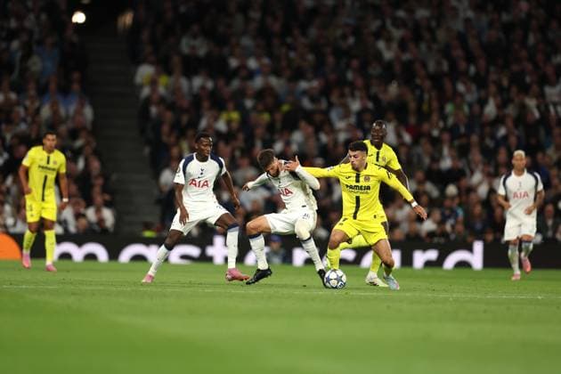 16th September 2025; Tottenham Hotspur Stadium, London, England; UEFA Champions League Football, Tottenham Hotspur versus Villareal; Rafa Marin of Villarreal challenges Micky van de Ven of Tottenham Hotspur  JohnxPatrickxFletcher