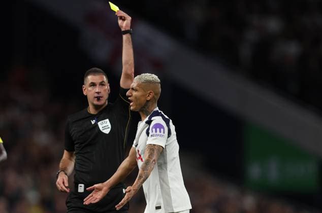 London, England, 16th September 2025. Richarlison of Tottenham Hotspur is shown a yellow card during the Tottenham Hotspur vs Villarreal UEFA Champions League match at the Tottenham Hotspur Stadium, London. Picture credit should read: Paul Terry Sportimage EDITORIAL USE ONLY. No use with unauthorised audio, video, data, fixture lists, club league logos or live services. Online in-match use limited to 120 images, no video emulation. No use in betting, games or single club league player publications. SPI_024_PT_Tottenham_Villarreal SPI-4141-0024
