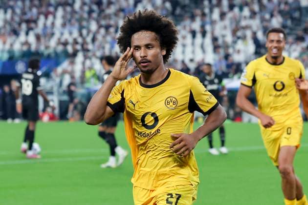 Karim Adeyemi (Borussia Dortmund) bejubelt seinen Treffer zum 0:1, UEFA Champions League 2025 26 League Phase MD1, Juventus v Borussia Dortmund, Juventus Stadium am 16. September 2025 in Turin, Italien. (Foto von Marco Steinbrenner DeFodi Images) Karim Adeyemi (Borussia Dortmund) celebrates after scoring his teams first goal, UEFA Champions League 2025 26 League Phase MD1, Juventus v Borussia Dortmund, Juventus Stadium, September 16, 2025 in Turin, Italy. (Photo by Marco Steinbrenner DeFodi Images)