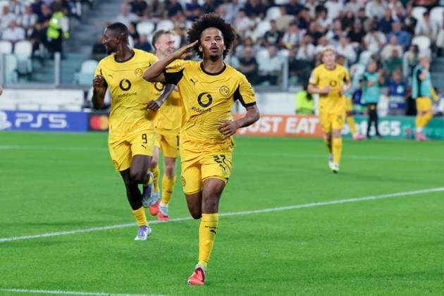 Karim Adeyemi (Borussia Dortmund) bejubelt seinen Treffer zum 0:1, UEFA Champions League 2025 26 League Phase MD1, Juventus v Borussia Dortmund, Juventus Stadium am 16. September 2025 in Turin, Italien. (Foto von Marco Steinbrenner DeFodi Images) Karim Adeyemi (Borussia Dortmund) celebrates after scoring his teams first goal, UEFA Champions League 2025 26 League Phase MD1, Juventus v Borussia Dortmund, Juventus Stadium, September 16, 2025 in Turin, Italy. (Photo by Marco Steinbrenner DeFodi Images)