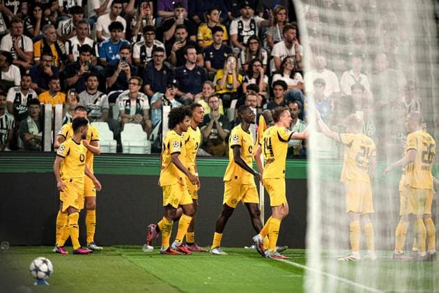 Dortmund s Karim Adeyemi celebrates after scoring the 1-0 goal for his team during the Uefa Champions League soccer match, between Juventus and Borussia Dortmund at the Allianz Stadium in Turin, north west Italy - Tuesday, September 16, 2025. - Soccer  Copyright: xMarcoxAlpozzi LaPressex