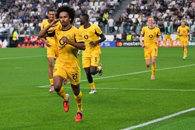 Turin, Allianz Stadium, 16.09.25, ITA, Herren, UEFA Champions Leaugue, Saison 2025-2026, Juventus Turin - Borussia Dortmund Bild: Karim ADEYEMI (Dortmund) jubelt nach seinem Tor zum 0:1 UEFA regulations prohibit any use of photographs as image sequences and or quasi-video. Piemont Italien