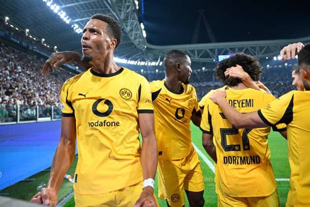 Turin, Allianz Stadium, 16.09.25, ITA, Herren, UEFA Champions Leaugue, Saison 2025-2026, Juventus Turin - Borussia Dortmund Bild: Felix NMECHA (Dortmund) jubelt nach dem Tor zum 0:1 UEFA regulations prohibit any use of photographs as image sequences and or quasi-video. Piemont Italien