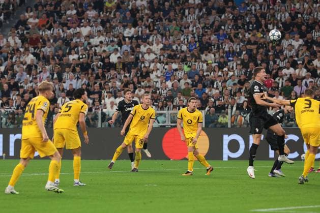 Turin, Italy, 16th September 2025. Kenan Yildiz of Juventus scores to level the game at 1-1 during the Juventus vs Borussia Dortmund UEFA Champions League match at Allianz Stadium, Turin. Picture credit should read: Jonathan Moscrop Sportimage EDITORIAL USE ONLY. No use with unauthorised audio, video, data, fixture lists, club league logos or live services. Online in-match use limited to 120 images, no video emulation. No use in betting, games or single club league player publications. SPI_010_JM_JUVE_BORUSSIA_ SPI-4122-0010
