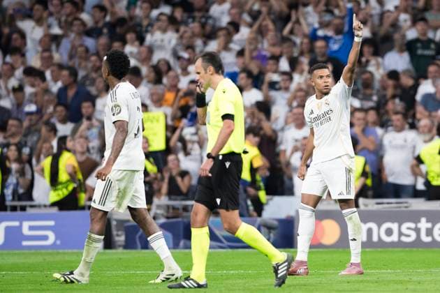 UEFA champions league - Real Madrid vs Marseille MADRID, SPAIN - September 16: Kylian Mbappe of Real Madrid celebrates a goal during the UEFA champions league 2025 26 match between Real Madrid and Marseille at Santiago Bernabeu Stadium. (Photo by Guillermo Martinez) Madrid Santiago Bernabeu Stadium Spain Copyright: xGuillermoxMartinezx