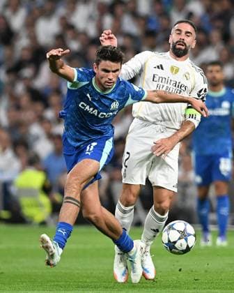 REAL MADRID CF v OLYMPIQUE DE MARSEILLE. CHAMPIONS LEAGUE 2025 2026. ROUND 1. Real Madrid CF s Dani Carvajal (r) and Olympique de Marseille s Matt O™Riley during Champions League 2024 2025 Round 1 match. September 16,2025. (ALTERPHOTOS Jorge Ropero) MadridSpain  Copyright: xJorgexRoperox