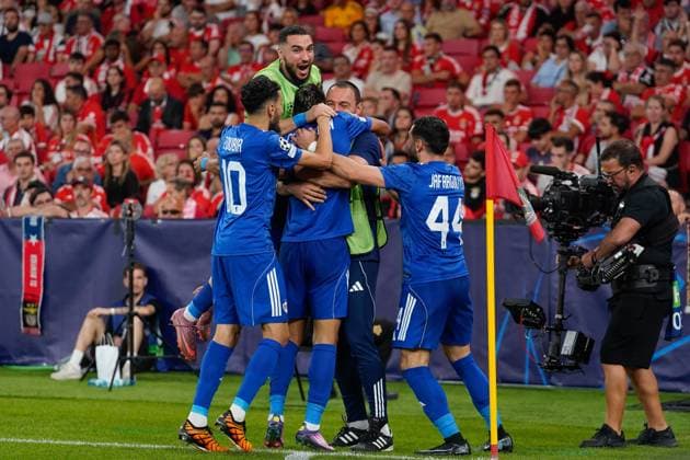 CHAMPIONS LEAGUE: BENFICA x QARABAG Abdellah Zoubir of Qarabag FK (L), Camilo Duran of Qarabag FK (C) and Elvin Jafarguliyev of Qarabag FK (R) celebrates their second goal during UEFA Champions League 2025 26 League phase Matchday 1 between SL Benfica and Qarabag FK at Estadio da Luz in Lisbon, Portugal. 15 09 2025 Lisbon Estadio da Luz Lisbon Portugal Copyright: xBrunoxdexCarvalhox