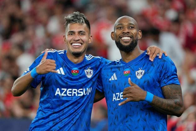 CHAMPIONS LEAGUE: BENFICA x QARABAG Camilo Duran of Qarabag FK (L) and Kevin Medina of Qarabag FK (R) celebrates their second goal during UEFA Champions League 2025 26 League phase Matchday 1 between SL Benfica and Qarabag FK at Estadio da Luz in Lisbon, Portugal. 15 09 2025 Lisbon Estadio da Luz Lisbon Portugal Copyright: xBrunoxdexCarvalhox