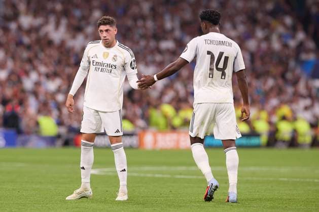 September 16, 2025, Madrid, Spain: Federico Valverde (L) of Real Madrid CF and Aurelien Tchouameni (R) of Real Madrid CF are seen in action during the UEFA Champions League 2025 2026 first round day 1 football match between Real Madrid CF and Olympique de Marseille at Santiago Bernabeu Stadium. Final score: Real Madrid CF 2 : 1 Olympique de Marseille Madrid Spain - ZUMAs197 20250916_aaa_s197_438 Copyright: xFedericoxTitonex