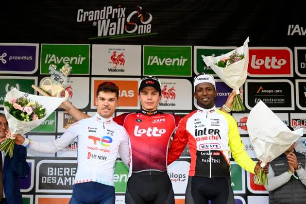 Grand Prix de Wallonie 2025 Cycling Race NAMUR, BELGIUM - SEPTEMBER 17 : Jeanniere Emilien (FRA) of Team TotalEnergies, De Lie Arnaud (BEL) of Lotto and Girmay Biniam (ERI) of Intermarche - Wanty pictured during the podium ceremony of the 66th edition of Grand Prix de Wallonie an UCI ProSeries 1.Pro one day cycling road race for Men Elite of 187 km with start in Dison and finish in Citadelle de Namur on September 17, 2025 in Namur, Belgium, 17 09 2025 ( Motordriver Stefan Boone - Namur Belgium  Copyright: xVincentxKalutx