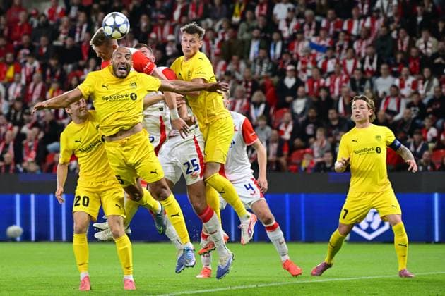 From left Fredrik Sjovold, Haitam Aleesami of Bodo Glimt and Stepan Chaloupek of Slavia in action during the Football Champions League 1st round match Slavia Praha vs Bodo Glimt in Prague, Czech Republic, September 17, 2025. (CTKxPhoto VitxSimanek) CTKPhotoP2025091707911  CTKPhotoP2025091707911