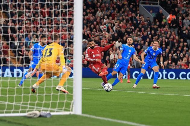 Football - UEFA Champions League - League Phase - Liverpool v Atletico Madrid 17th September 2025 - UEFA Champions League - League Phase - Liverpool v Atletico Madrid - Mohamed Salah of Liverpool scores their 2nd goal - Photo: Simon Stacpoole Offside. Liverpool UK Copyright: xSimonxStacpoolexOffside