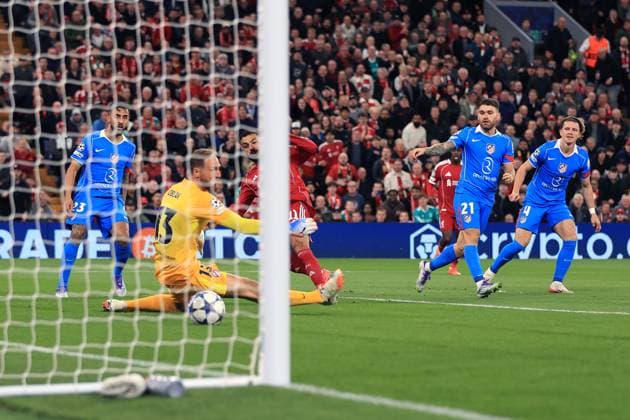 Football - UEFA Champions League - League Phase - Liverpool v Atletico Madrid 17th September 2025 - UEFA Champions League - League Phase - Liverpool v Atletico Madrid - Mohamed Salah of Liverpool scores their 2nd goal - Photo: Simon Stacpoole Offside. Liverpool UK Copyright: xSimonxStacpoolexOffside