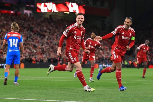 Football - UEFA Champions League - League Phase - Liverpool v Atletico Madrid 17th September 2025 - UEFA Champions League - League Phase - Liverpool v Atletico Madrid - Andrew Robertson of Liverpool celebrates scoring their 1st goal - Photo: Simon Stacpoole Offside. Liverpool UK Copyright: xSimonxStacpoolexOffside
