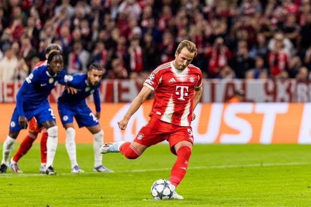 UEFA Champions League, FC Bayern München - FC Chelsea; 17.09.2025 Harry Kane (FC Bayern München, 9) schießt den Elfmeter zum 2:0, Tor, Torschuss UEFA Champions League, FC Bayern München - FC Chelsea; München, Allianz Arena am 17.09.2025 Copyright: xBEAUTIFULxSPORTS Wunderlx