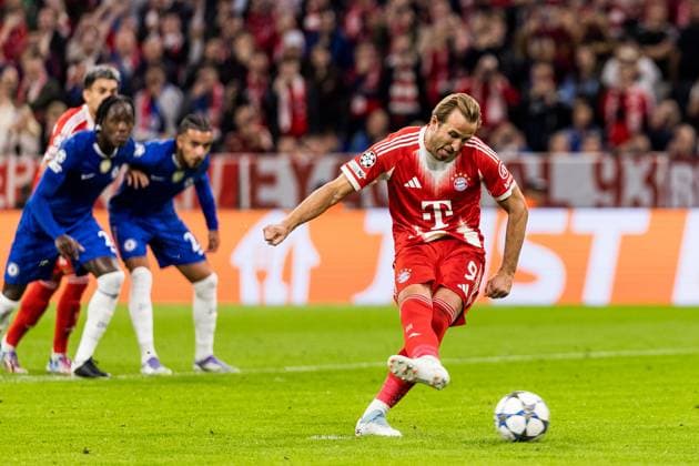 UEFA Champions League, FC Bayern München - FC Chelsea; 17.09.2025 Harry Kane (FC Bayern München, 9) schießt den Elfmeter zum 2:0, Tor, Torschuss UEFA Champions League, FC Bayern München - FC Chelsea; München, Allianz Arena am 17.09.2025 Copyright: xBEAUTIFULxSPORTS Wunderlx