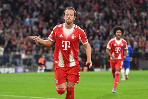 Torjubel Harry KANE (Bayern Muenchen) nach Tor zum 2-0, Jubel,Freude,Begeisterung,. Fussball Champions League,Saison 2025 26 ,1.Spieltag. FC Bayern Muenchen - FC Chelsea am 17.09.2025 A L L I A N Z A R E N A