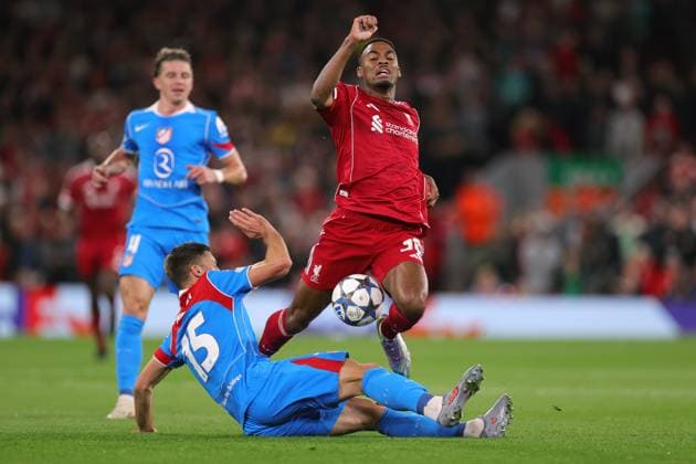 Football - UEFA Champions League - League Phase - Liverpool v Atletico Madrid 17th September 2025 - UEFA Champions League - League Phase - Liverpool v Atletico Madrid - Clement Lenglet of Atletico Madrid tackles Ryan Gravenberch of Liverpool - Photo: Simon Stacpoole Offside. Liverpool UK Copyright: xSimonxStacpoolexOffside