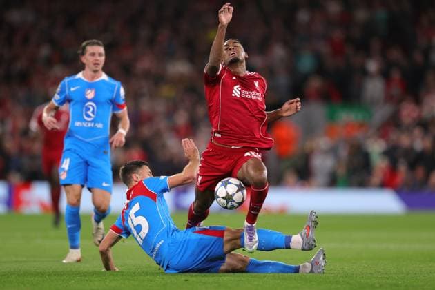 Football - UEFA Champions League - League Phase - Liverpool v Atletico Madrid 17th September 2025 - UEFA Champions League - League Phase - Liverpool v Atletico Madrid - Clement Lenglet of Atletico Madrid tackles Ryan Gravenberch of Liverpool - Photo: Simon Stacpoole Offside. Liverpool UK Copyright: xSimonxStacpoolexOffside