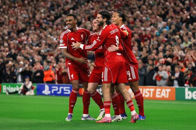 Football - UEFA Champions League - League Phase - Liverpool v Atletico Madrid 17th September 2025 - UEFA Champions League - League Phase - Liverpool v Atletico Madrid - Andrew Robertson of Liverpool celebrates scoring their first goal with his teammates - Photo: Simon Stacpoole Offside. Liverpool UK Copyright: xSimonxStacpoolexOffside