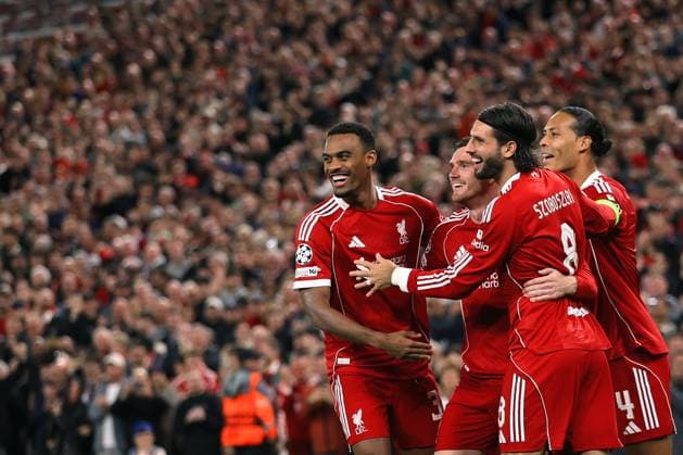 Football - UEFA Champions League - League Phase - Liverpool v Atletico Madrid 17th September 2025 - UEFA Champions League - League Phase - Liverpool v Atletico Madrid - Andrew Robertson of Liverpool celebrates scoring their first goal with his teammates - Photo: Simon Stacpoole Offside. Liverpool UK Copyright: xSimonxStacpoolexOffside