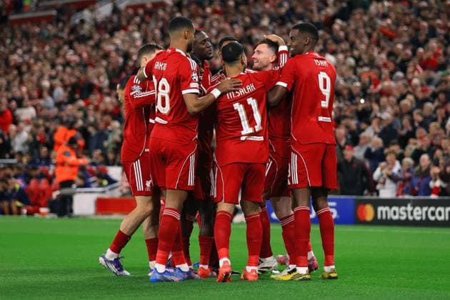 Football - UEFA Champions League - League Phase - Liverpool v Atletico Madrid 17th September 2025 - UEFA Champions League - League Phase - Liverpool v Atletico Madrid - Andrew Robertson of Liverpool celebrates scoring their first goal with his teammates - Photo: Simon Stacpoole Offside. Liverpool UK Copyright: xSimonxStacpoolexOffside