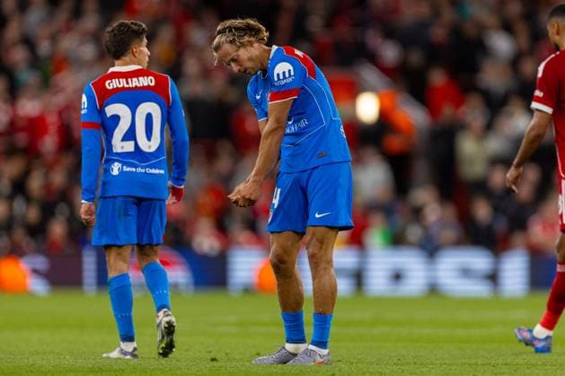 Football - UEFA Champions League - League Phase - Liverpool FC v Atletico Madrid LIVERPOOL, ENGLAND - Wednesday, September 17, 2025: Atletico Madrid s Marcos Llorente celebrates after scoring his team s first goal during the UEFA Champions League match between Liverpool FC and Atletico Madrid FC at Anfield. (Photo by David Rawcliffe Propaganda) LIVERPOOL Anfield MERSEYSIDE ENGLAND  Copyright: xDavidxRawcliffex P2025-09-17-Liverpool_Atletico-47