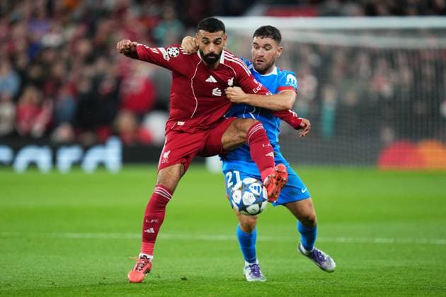 250917 Mohammed Salah of Liverpool and Javier Galan of Atletico Madrid during the Champions League football match between Liverpool and Atletico Madrid on September 17, 2025 in Liverpool. Photo: Bagu Blanco BILDBYRAN kod XY XY0075 fotboll football soccer fotball uefa champions league champions league liverpool atletico madrid bbeng Copyright: BAGUxBLANCO BB250917ZP031