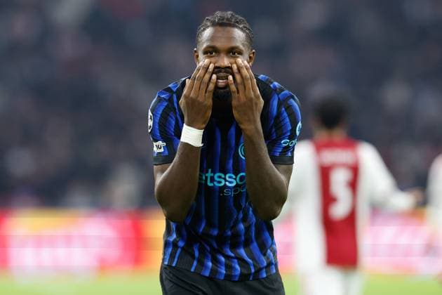 AMSTERDAM , 17-09-2025 , JohanCruyff Arena , season 2025 2026 , UEFA Champions League football , League phase Matchday 1 , match between Ajax and Inter Milan , picture shows Inter player Marcus Thuram celebrating the 0-2 Ajax - Inter  x31067004x Copyright: