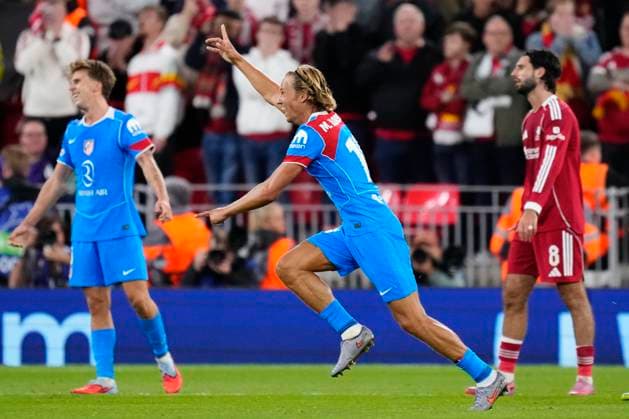 Liverpool FC v Atletico de Madrid - UEFA Champions League 2025 26 League Phase MD1 Marcos Llorente central midfield of Atletico de Madrid and Spain celebrates after scoring his sides second goal during the UEFA Champions League 2025 26 League Phase MD1 match between Liverpool FC and Atletico de Madrid at Anfield on September 17, 2025 in Liverpool, England. Liverpool England United Kingdom  Copyright: xJosexBretonx originalFilename:bretonhernandez-liverpoo250917_nphEa.jpg