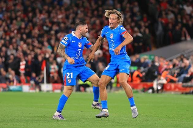 Football - UEFA Champions League - League Phase - Liverpool v Atletico Madrid 17th September 2025 - UEFA Champions League - League Phase - Liverpool v Atletico Madrid - Marcos Llorente of Atletico Madrid celebrates scoring their 2nd goal - Photo: Simon Stacpoole Offside. Liverpool UK Copyright: xSimonxStacpoolexOffside