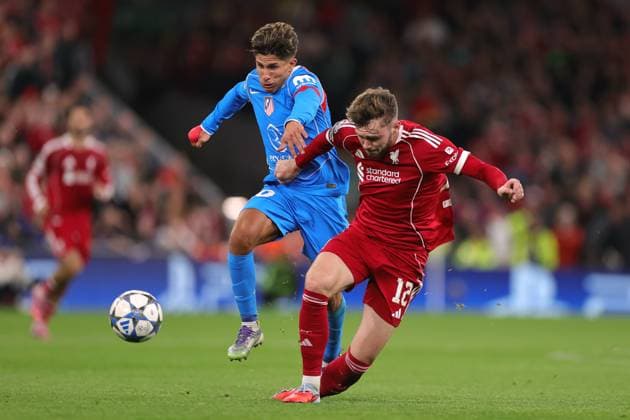 Football - UEFA Champions League - League Phase - Liverpool v Atletico Madrid 17th September 2025 - UEFA Champions League - League Phase - Liverpool v Atletico Madrid - Giuliano Simeone of Atletico Madrid fouls Conor Bradley of Liverpool - Photo: Simon Stacpoole Offside. Liverpool UK Copyright: xSimonxStacpoolexOffside