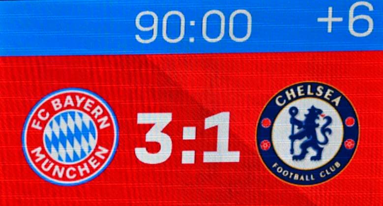 Anzeigetafel Spielstand 3:1 Endstand FC Bayern Muenchen FCB vs Chelsea FC Spieltag 01 17.09.2025 DFL REGULATIONS PROHIBIT ANY USE OF PHOTOGRAPHS AS IMAGE SEQUENCES AND OR QUASI-VIDEO FC Bayern Muenchen FCB vs Cheelsea FC