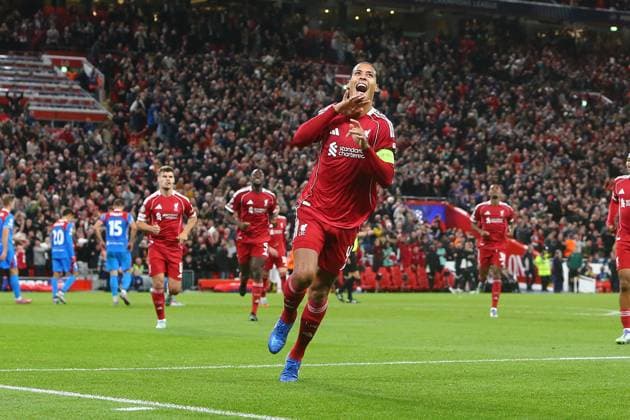 Virgil van Dijk of Liverpool celebrates scoring their sides third goal Liverpool v Atletico Madrid, UEFA Champions League, Group Stage, Football, Anfield, Liverpool, UK - 17 Sep 2025Liverpool Anfield United Kingdom EDITORIAL USE ONLY No use with unauthorised audio, video, data, fixture lists, club league logos or live services. Online in-match use limited to 120 images, no video emulation. No use in betting, games or single club league player publications.  Copyright: xPhilxOldham Shutterstockx 15481355co