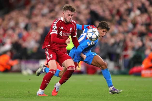 Football - UEFA Champions League - League Phase - Liverpool v Atletico Madrid 17th September 2025 - UEFA Champions League - League Phase - Liverpool v Atletico Madrid - Connor Bradley of Liverpool and Giuliano Simeone of Atletico Madrid - Photo: Simon Stacpoole Offside. Liverpool UK Copyright: xSimonxStacpoolexOffside