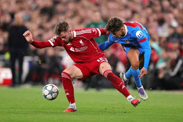 Football - UEFA Champions League - League Phase - Liverpool v Atletico Madrid 17th September 2025 - UEFA Champions League - League Phase - Liverpool v Atletico Madrid - Connor Bradley of Liverpool and Giuliano Simeone of Atletico Madrid - Photo: Simon Stacpoole Offside. Liverpool UK Copyright: xSimonxStacpoolexOffside