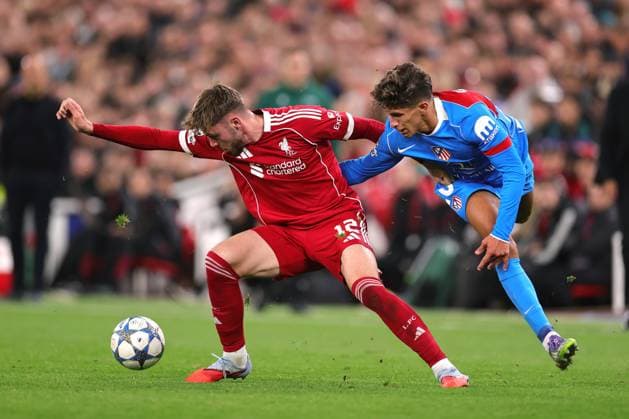 Football - UEFA Champions League - League Phase - Liverpool v Atletico Madrid 17th September 2025 - UEFA Champions League - League Phase - Liverpool v Atletico Madrid - Connor Bradley of Liverpool and Giuliano Simeone of Atletico Madrid - Photo: Simon Stacpoole Offside. Liverpool UK Copyright: xSimonxStacpoolexOffside