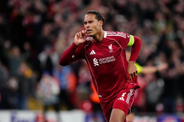 Liverpool FC v Atletico de Madrid - UEFA Champions League 2025 26 League Phase MD1 Virgil van Dijk centre-back of Liverpool and Netherlands celebrates after scoring his sides first goal during the UEFA Champions League 2025 26 League Phase MD1 match between Liverpool FC and Atletico de Madrid at Anfield on September 17, 2025 in Liverpool, England. Liverpool England United Kingdom  Copyright: xJosexBretonx originalFilename:bretonhernandez-liverpoo250917_nphUP.jpg