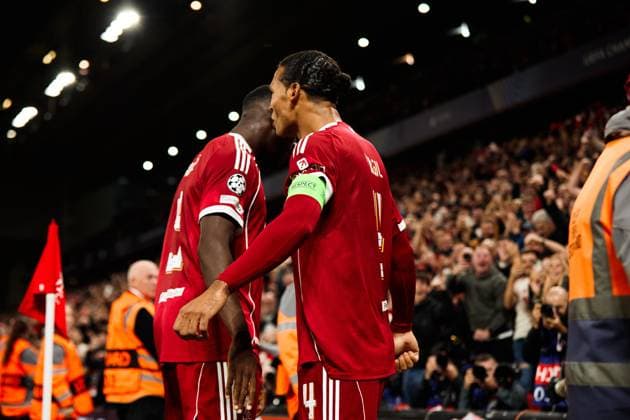 LIVERPOOL, ENGLAND - SEPTEMBER 17: Virgil van Dijk of Liverpool celebrates after scoring the team s third and winning goal during the UEFA Champions League 2025 26 League Phase MD1 match between Liverpool and Atletico Madrid at Anfield on September 17, 2025 in Liverpool, England. (Photo by Kobie Abbott Sports Press Photo) Copyright: xKobiexAbbottx Sportspressphoto_SPR27621