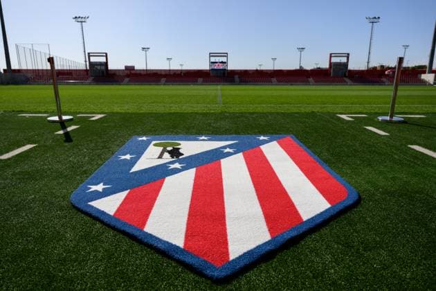 250918 The logo of Atletico Madrid ahead of the second leg UEFA Women™s Champions League third qualifying round football match between Atletico Madrid and Häcken on September 18, 2025 in Madrid. Photo: Carl Sandin BILDBYRAN kod CS CS0773 fotboll football soccer fotball uefa womens champions league atletico madrid häcken dam bbeng genre klubbmärke logo Copyright: CARLxSANDIN BB250918CS026
