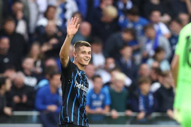 Club s Nicolo Tresoldi celebrates after scoring during a soccer game between Belgian Club Brugge KV and French AS Monaco, in Brugge on Thursday 18 September 2025, on the opening day of the League phase of the UEFA Champions League tournament. BRUNOxFAHY  x134637941x