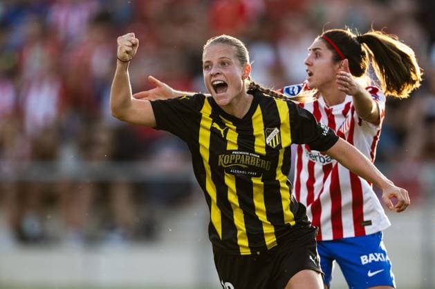 250918 Anna Anvegard of Häcken celebrates after 0-1 during the second leg UEFA Women™s Champions League third qualifying round football match between Atletico Madrid and Häcken on September 18, 2025 in Madrid. Photo: Carl Sandin BILDBYRAN kod CS CS0773 fotboll football soccer fotball uefa womens champions league atletico madrid häcken dam bbeng jubel Copyright: CARLxSANDIN BB250918CS051