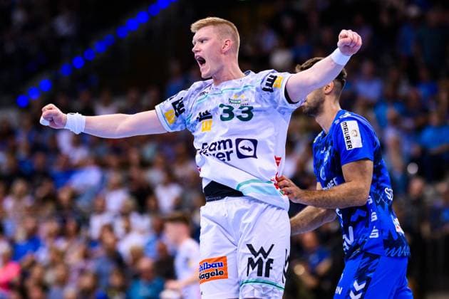 TVB Stuttgart - Frisch Auf Göppingen Handball: 1. Bundesliga, Herren, Saison 2025 2026, TVB Stuttgart - Frisch Auf Göppingen, Porsche Arena. Göppingens Ãmir Örn Gislason jubelt. Stuttgart Porsche Arena Baden-Württemberg Deutschland