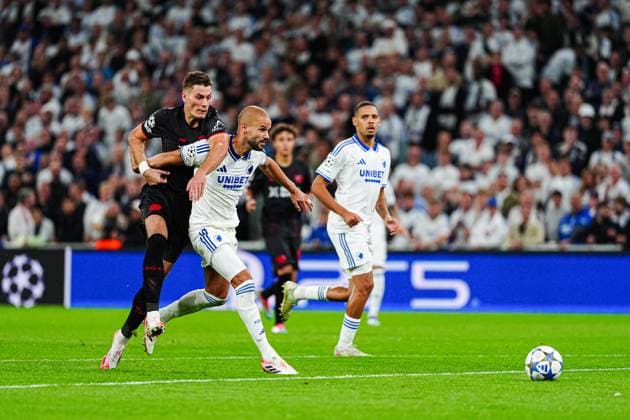 Patrik Schick (Bayer 04 Leverkusen, 14), Pantelis Hatzidiakos (FC Kopenhagen, 06) DEN, FC Kopenhagen vs. Bayer 04 Leverkusen, Fussball, UEFA Champions League, Spieltag 1, Spielzeit 2025 2026, 18.09.2025 DEN, FC Kopenhagen vs. Bayer 04 Leverkusen, Fussball, UEFA Champions League, Spieltag 1, Spielzeit 2025 2026, 18.09.2025 Kopenhagen Copyright: xEibner-Pressefoto MarcelxvonxFehrnx EP_MFN