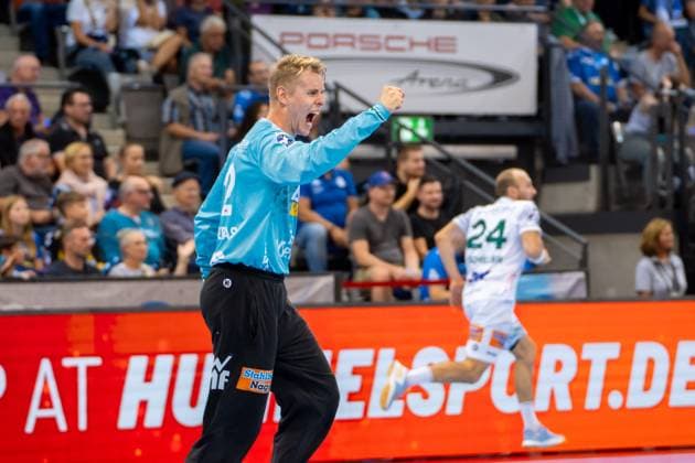 Handball I Herren I Saison 2025-2026 I Bundesliga I 5. Spieltag I TVB Stuttgart - Frisch Auf! Göppingen I 18.09.2025 Kristian Saeveras (12, Frisch Auf Göppingen) jubelt Stuttgart Porsche Arena Baden-Württemberg Deutschland Copyright: xLobeca MaxxPetershansx