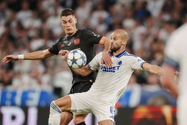 UEFA Champions League: FC Copenhagen - Bayer 04 Leverkusen Pantelis Hatzidiakos, FC Copenhagen and Patrick Schick, Bayer Leverkusen fights for the ball in the UEFA Champions League first round football match between FC Copenhagen and Bayer 04 Leverkusen at Parken in Copenhagen on Thursday, September 18, 2025. , Copenhagen Denmark Copyright: Ritzau Scanpix LiselottexSabroex spdk20250918-194746-L