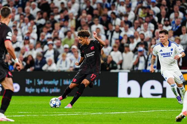 Torschuss Torchance Eliesse Ben Seghir (Bayer 04 Leverkusen, 17) DEN, FC Kopenhagen vs. Bayer 04 Leverkusen, Fussball, UEFA Champions League, Spieltag 1, Spielzeit 2025 2026, 18.09.2025 DEN, FC Kopenhagen vs. Bayer 04 Leverkusen, Fussball, UEFA Champions League, Spieltag 1, Spielzeit 2025 2026, 18.09.2025 Kopenhagen Copyright: xEibner-Pressefoto MarcelxvonxFehrnx EP_MFN