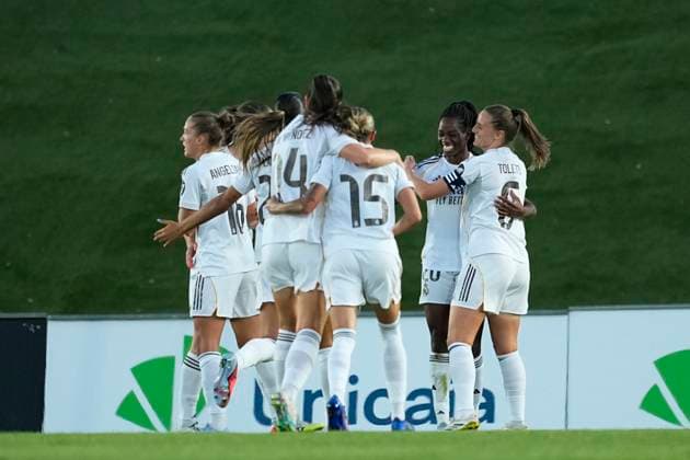 September 18, 2025, Valdebebas, Madrid, Spain: Naomie Noelle Feller of Real Madrid CF celebrates a goal during the UEFA Women s Champions League qualifier match between Real Madrid and Eintracht Frankfurt at Estadio Alfredo Di Stefano on September 18, 2025 in Madrid, Spain. Valdebebas Spain - ZUMAa181 20250918_zaa_a181_019 Copyright: xOscarxJ.xBarrosox